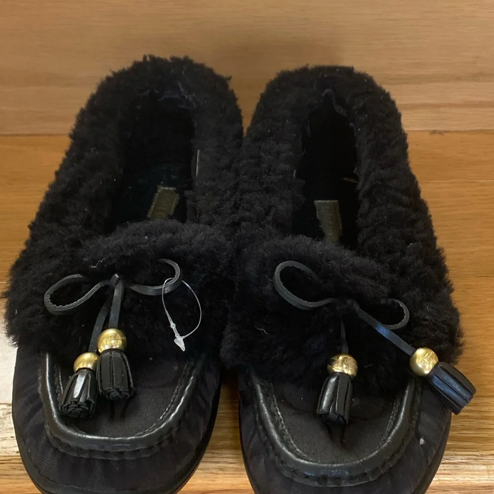 Coach Fiona Black Moccasin Slippers with Tassels - Picture 2 of 8